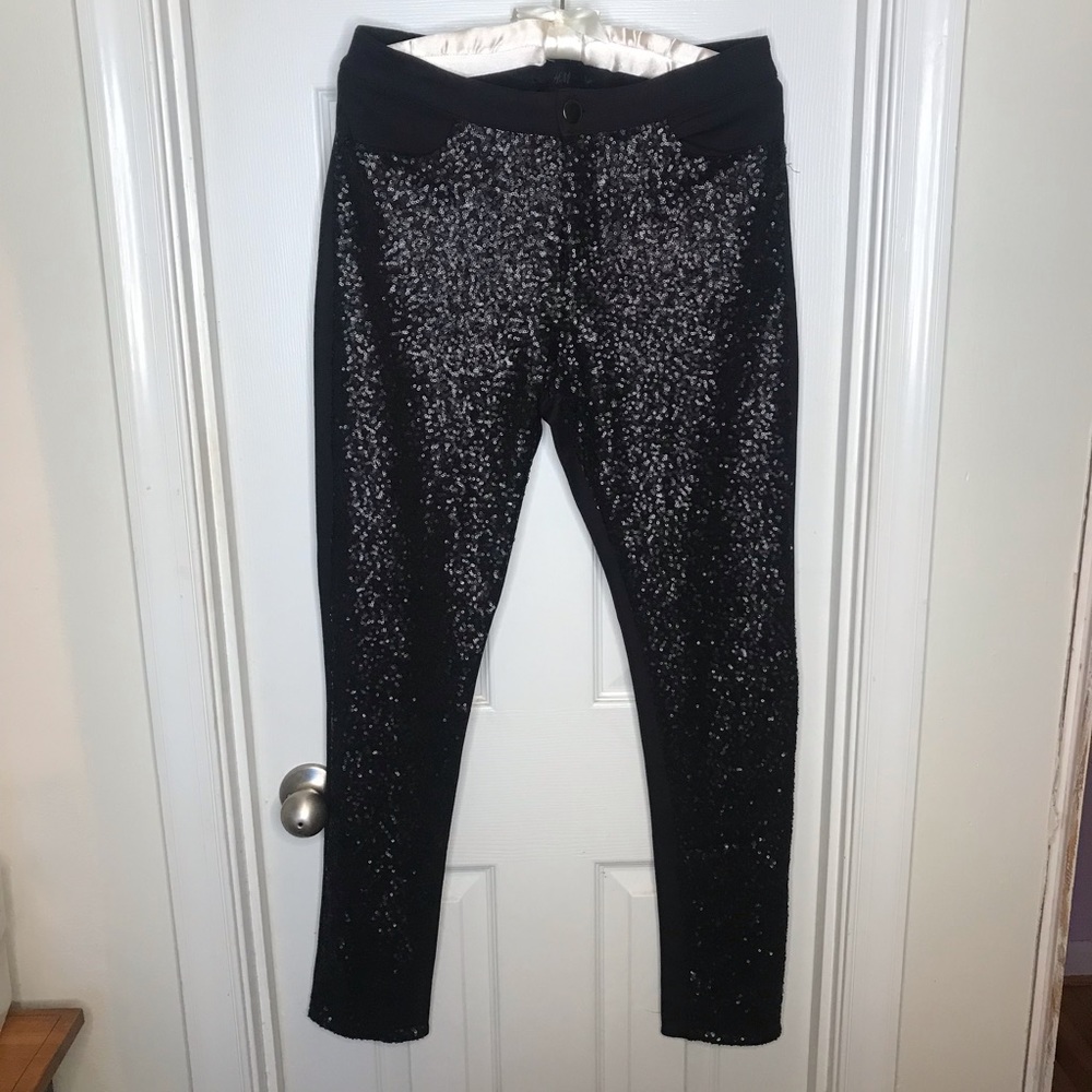H&M Black Sequin Skinny Stretch Pants with Pockets